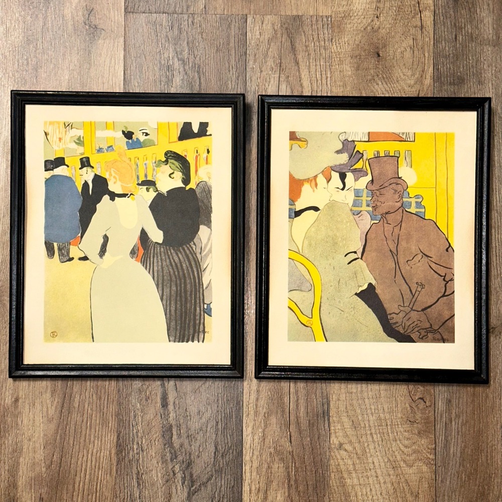 Vintage Toulouse Lautrec Paris Art Prints Pair Framed Moulin Rouge 8x10